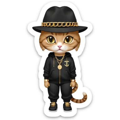 female cat dressed like Run DMC with tracksuit, fedora, Adidas shoes, lots of gold chains, rings, bracelets, earrings, eyes averted, talking to a friend, no sunglasses sticker