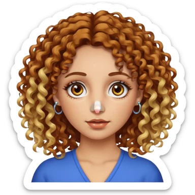 A woman with brown curly hair and blonde highlights side parted with hazel eyes with central heterochromia and a multicoloured nose ring sticker