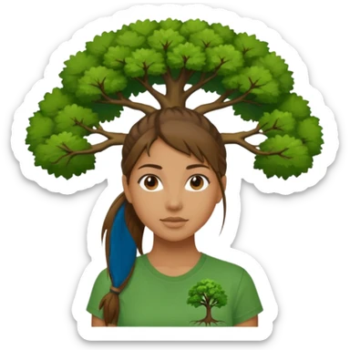 Make a zumba coach emoji, brown eyes, brown hair girl, green shirt with the "the roots" on it, longer pony tail hair, add tree logo on to the green shirt sticker