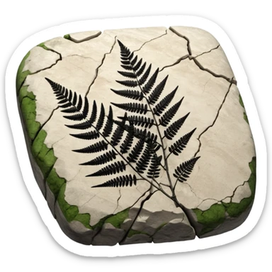 3D render of Fern Imprint, embedded in a chunk of rough sedimentary rock, cracked stone texture, ancient fossil aesthetic, black carbon imprint on a white limestone rock, matte dry finish, Apple emoji style, isolated on white background --v 6.0 sticker