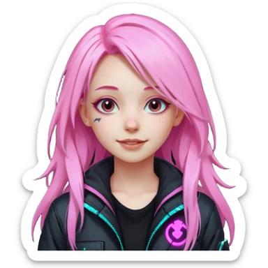 girl neon cyberpunk light pink happy long hair sticker