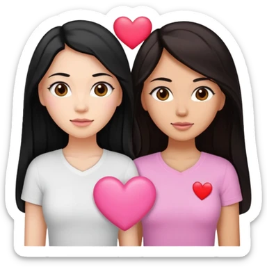 Dos mujeres juntas que una sea de color trigueña y de color blanca, cabello largo negro sea la de piel blanca y la de piel trigueña cabello castaño raya en medio, tengan polo blanco y tengan un corazon rosado arriba sticker
