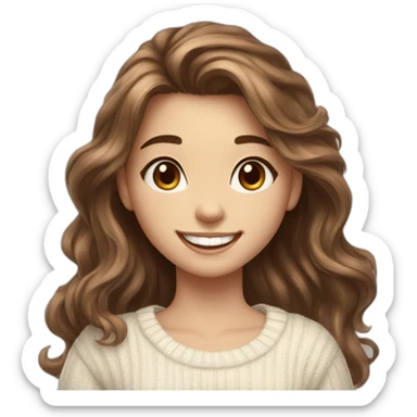beautiful girl, white, with long loose wavy hair, brown hair, brown eyes, smiling, good teeth, white sweater, she waves her hand, realistic drawing sticker