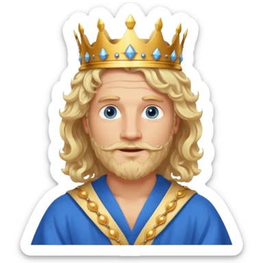 1 Middle-aged white king, 40 years old, blond hair, blond beard, long curly hair, blue eyes, kind and benevolent vibe, gentle smile, wearing a crown and blue robe emoj sticker