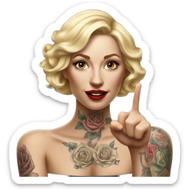 Blonde elegant women, her Body Covered with Tattoos, POINTING to YOU FORWARD with her ONE HAND , Hyper realistic sticker