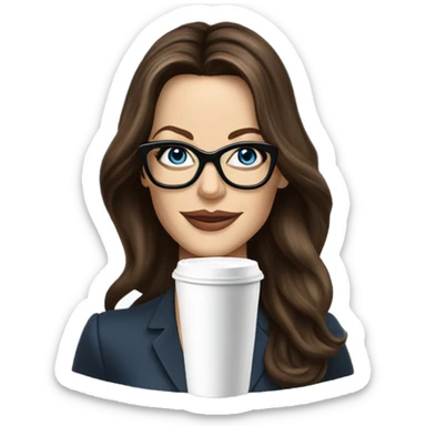 Hyper Realistic Kate Beckinsale blue eyes wearing glasses in a business dress drinking coffee happy  sticker