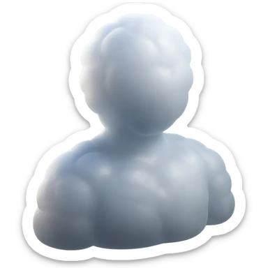 front view of a person composed entirely of white fluffy convex clouds, shoulders visible, matte glass style sticker