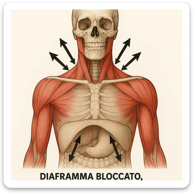vista anteriore con diaframma bloccato, muscoli del collo e scapole evidenziati, frecce che mostrano la direzione della tensione, didascalia in italiano sticker