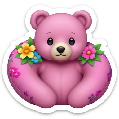 pink teddy bear, floral neck pillow with bright flowers sticker