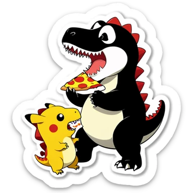 T-Rex eating pizza with Pikachu add a panda and panda ￼ sticker