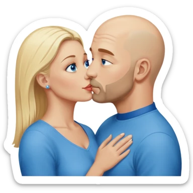 middle age bald man with scruff, blue eyes a.  Kissing blonde woman with blue eyes sticker