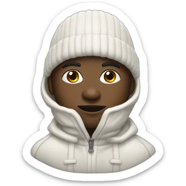 A black man wearing a white balclava adorned with short white wool threads sticker