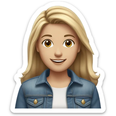 White girl with medium length brown hair with blonde highlights in denim smiles sticker