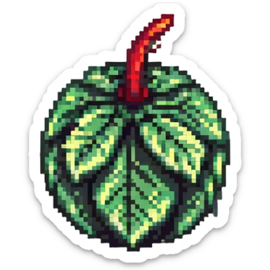 Green digital bomb with leaf-shaped fuse or vine on top, round bomb body with green highlights and details, nature-inspired design, pixel art style sticker