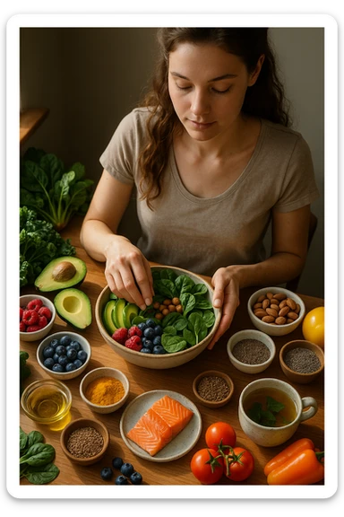 A realistic, cinematic flat-lay image of a clean wooden kitchen table filled with fresh, colorful whole foods known to help reduce androgen excess naturally. The table includes leafy greens like spinach and kale, avocados, berries, colorful vegetables, nuts, seeds (chia and flaxseeds), wild-caught salmon, and herbal teas, carefully arranged in an aesthetically pleasing, organized manner. A small glass bowl with olive oil and another with turmeric powder are included, emphasizing anti-inflammatory properties. In the scene, a young woman with clear, healthy skin and a calm expression is preparing a bowl with these ingredients, symbolizing a hormone-balancing diet. Warm, natural daylight streams in, creating a cozy and inviting atmosphere. The style is hyper-realistic 35mm photography, with vibrant yet soft colors, showcasing textures of the fresh produce and the peaceful vibe of using nutrition to support hormonal balance sticker