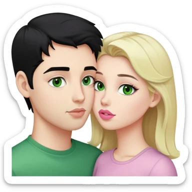 A blonde girl with fair skin and green eyes and light pink lips a guy with black hair and fair skin and green eyes are kissing sticker