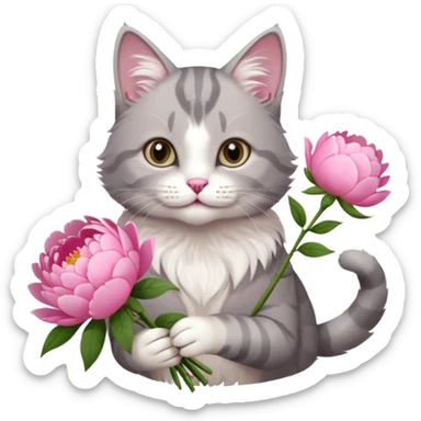 Cute cat Handing pink peonies like reaching a hand and handing them out a bouquet of them not a physical hand the cats hand  make the cat fluffy and grey and white fluffier make the cat wear a pink coquette sticker