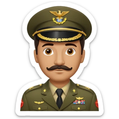 Hispanic man emoji with medium tan skin, dark brown slicked-back hair, a well-groomed mustache, wearing an army uniform without a hat. sticker