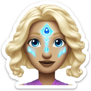 magical diva with thin pink andromedan face long blonde hair and blue eyes glowing third eye sticker