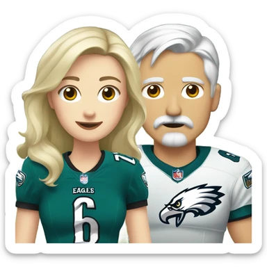 Blonde white girl, grey haired boy with a mustache wearing eagles jerseys  sticker