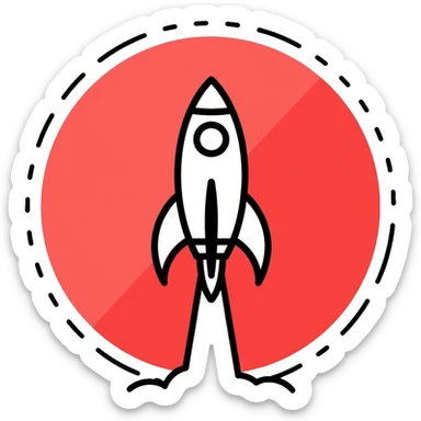 red circular button with rocket ship logo sticker