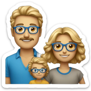 Familia de padre calvo con gafas, madre rubia de pelo largo, niño rubio de 8 años con gafas azules  y niño de pelo castaño de 12 años con gafas azules sticker