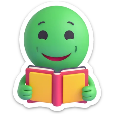 3D smiley emoji, round shape, grandfather with book, green color, smiling face sticker