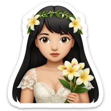 Latina girl with bangs black long hair plus size lace wedding dress with plumeria bouquet sticker