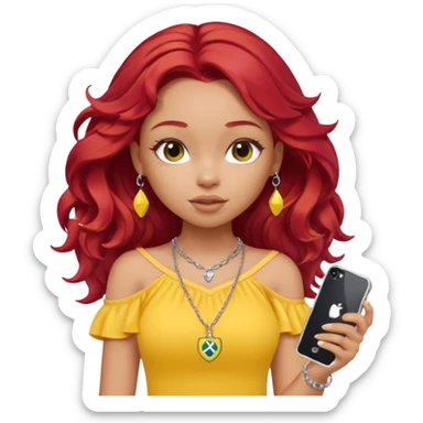 a pretty bratz girl with wavy red hair, wearing a yellow brazil jersey falling off her shoulder. silver dainty layered necklaces, carrying an iphone sticker