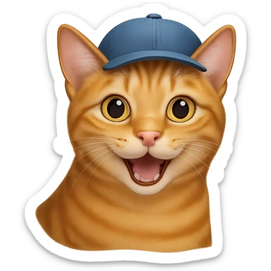 Change the cat's face expression to happy, keep the blue cap, and set the background to transparent. Maintain a style as close to the original realistic emoji as possible, with detailed fur texture and lifelike appearance. sticker