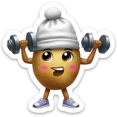 Picture a little potato character with arms, wearing tiny workout gear like a headband and sneakers. It’s lifting a dumbbell in one hand and dripping sweat with tiny droplets around it, maybe even with a determined facial expression. sticker
