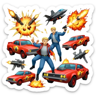 Icon for Action Movies Collage: Collage of iconic action movie elements, including explosions, a hero with weapons, a high-speed chase, and dramatic fight scenes. The design should be dynamic, colorful, and full of energy, capturing the essence of action films. Transparent background. sticker