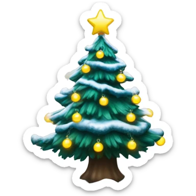Dark Green Christmas tree with snow on it. blue & white Christmas ornaments on it. Yellow fairy lights. sticker