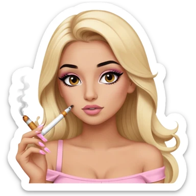 blonde long hair gorgeous girl with latina makeup smoking a cigarette winged eyeliner big lashes light pink tube top sticker