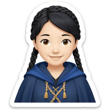 braid black hair, white asian girl, dark blue cloak, happy smaile sticker