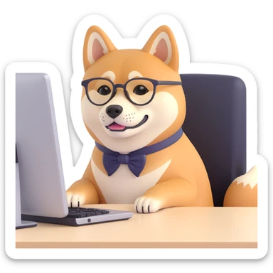 shiba inu with eye glasses and computer sticker