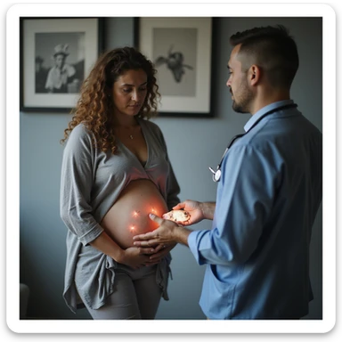 realistic pregnant woman in 4K consulting a doctor or nutritionist, the professional showing her an image of parasites in salmon, she nods worriedly sticker