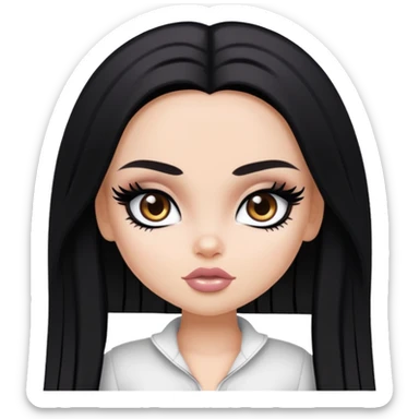 pretty bratz baddie, black eyeliner, medium white skin, jet-black long hair, dark brown eyes sticker