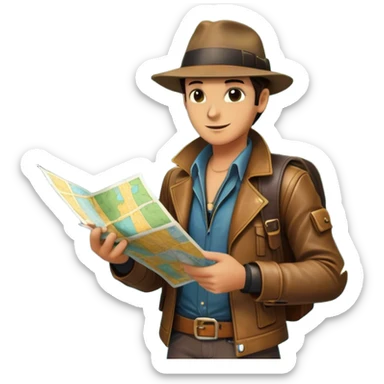 Icon for Adventure Movies: A vibrant collage with an adventurer wearing a fedora and leather jacket, holding a map in a jungle setting. Include ancient ruins, treasure chests, snakes, and a hidden waterfall. Bold, exciting atmosphere with a retro cinematic feel. Transparent background. sticker