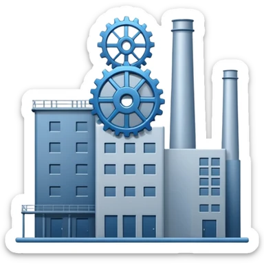 "A minimalist vector icon of a modern manufacturing factory building with a gear symbol above it. Blue and grey color scheme, flat design, white background, simple thick lines, professional business logo style." sticker
