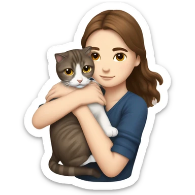 Girl with brown hair and drown eyes hug Scottish fold cat  sticker