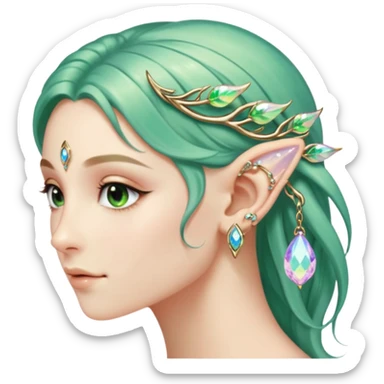 portrait of Elvish fae shiny sparkly iridescent translucent diaphanous ear climber ear cuff sticker