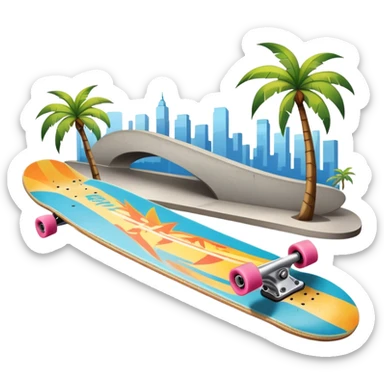 An icon featuring a skateboard resting on a smooth concrete surface. The background shows a sunny skate park with ramps, graffiti walls, and palm trees, creating an urban vibe. The skateboard is designed with vibrant colors and unique graphics. Transparent background  sticker