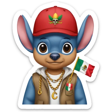 Crea un emogi de stich estilo reguetonero con una gorra con el nombre de Liam y la bandera de México en el pecho y lucho Blin blin sticker