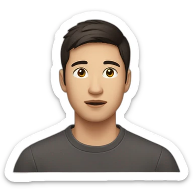 half asian half caucasian 21 year old man with very short dark brown hair wearing crewneck sticker