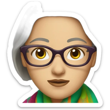 white-woman-with-graying-bob-green-eyes-and-glasses-wearing-colorful-shawl sticker