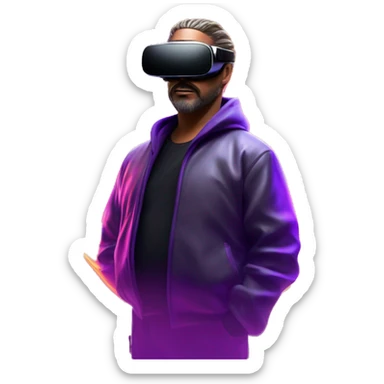 Big Lebowski wearing a black hoodie with "OMG" letters on it and VR headset oculus quest 2 in a cyberpunk VR environment with violet neon lighting. sticker