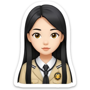 trendy schoolgirl with Asian skin, straight black long hair, chic uniform sticker