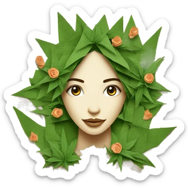  Hemp 420 lady face made of 420 origami newspaper roses hemp leaves lantern fairy lights burning paper and hemp leaves in hair  sticker
