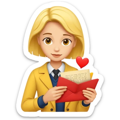 a romance novelist, romantic, dizzy, yellow tone skin, with a love letter sticker